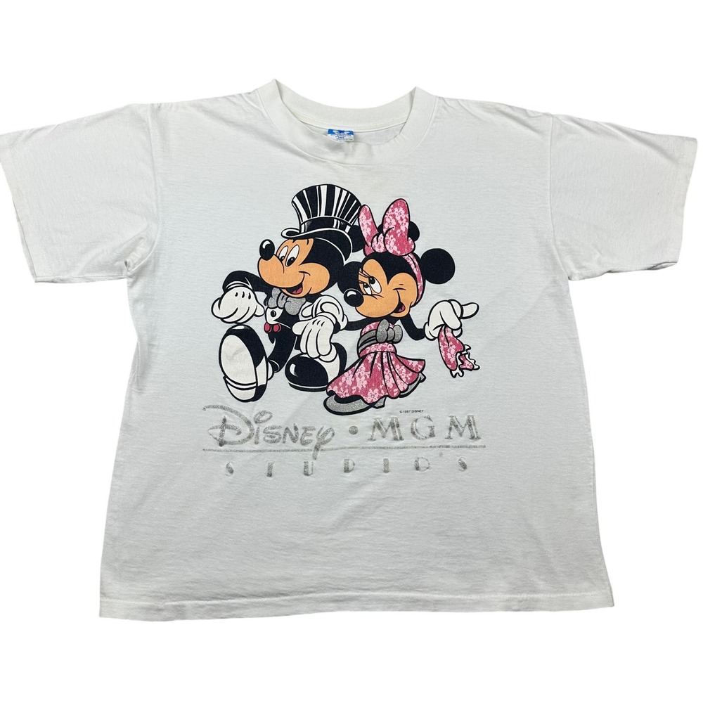 Vintage 1987 Disney MGM Studios Mickey Minnie Mouse T-Shirt White Large 80s USA